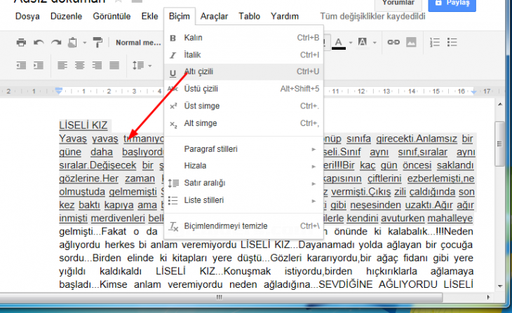 Google Docs Biçim Menüsü