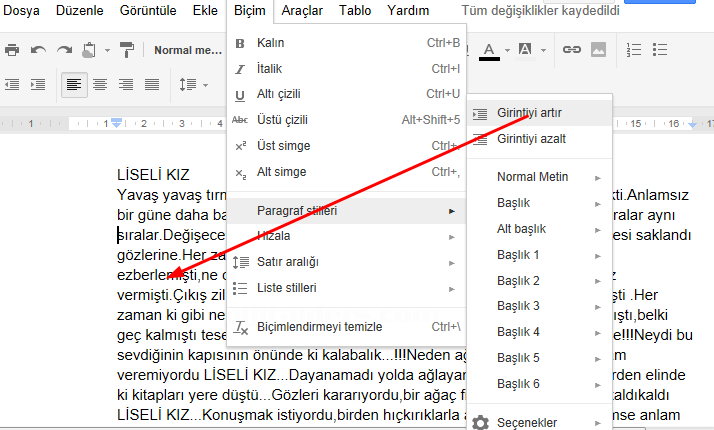 Google Docs Biçim Menüsü