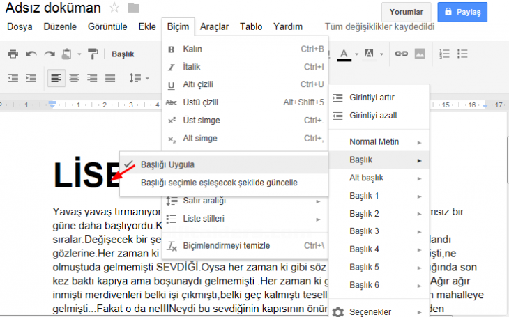 Google Docs Biçim Menüsü