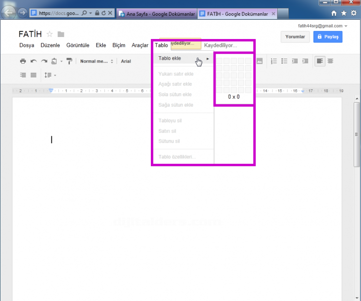 google docs tablo menüsü