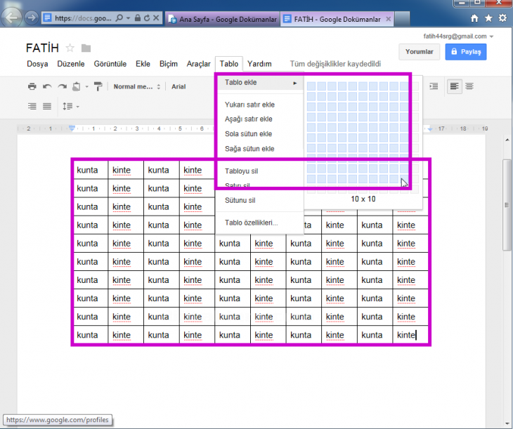 google docs tablo menüsü