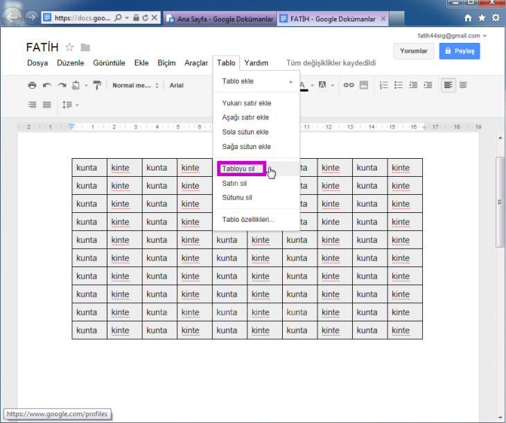 Google Docs Tablo Menüsü