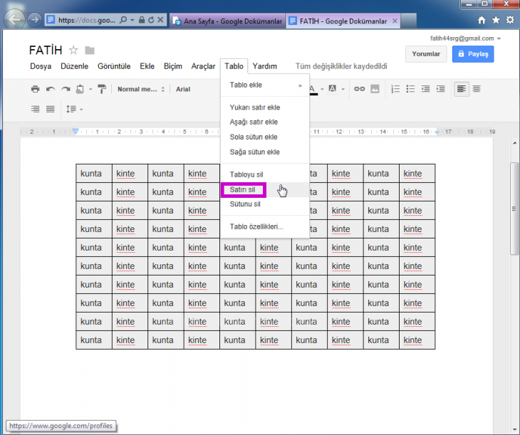 Google Docs Tablo Menüsü