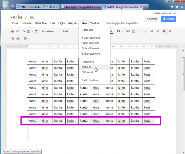 Google Docs Tablo Menüsü