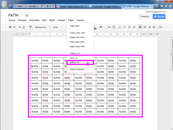 Google Docs Tablo Menüsü