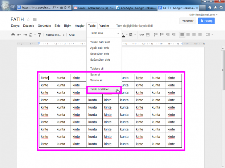 Google Docs Tablo Menüsü