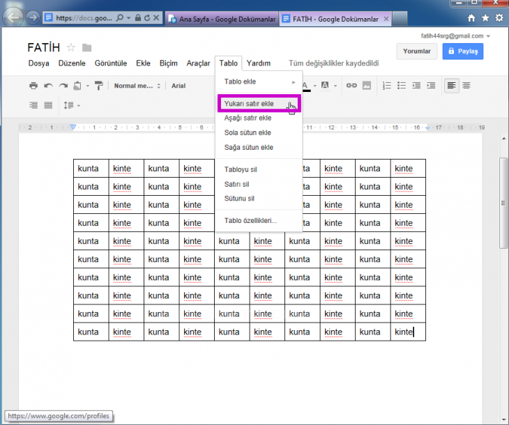 google docs tablo menüsü