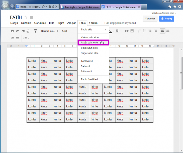 Google Docs Tablo Menüsü