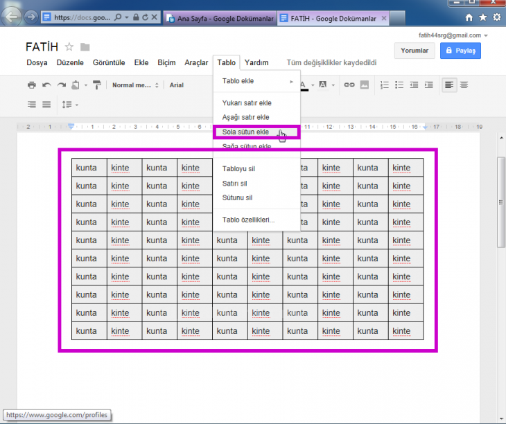 Google Docs Tablo Menüsü