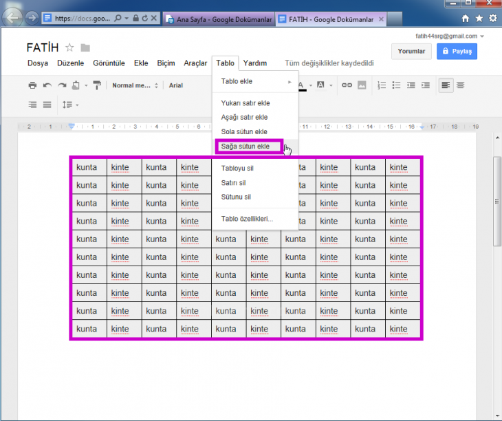 Google Docs Tablo Menüsü