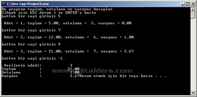 Toplam, Ortlama ve Varyans değerlerini hesaplayan uygulama