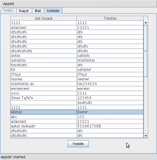 Java ile Mysql Kullanılarak Yapılan Adres Defteri Appleti