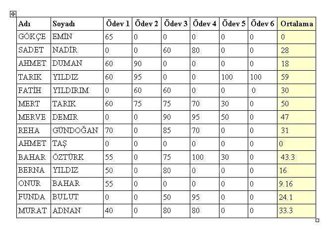 Tablo Uygulamaları 2