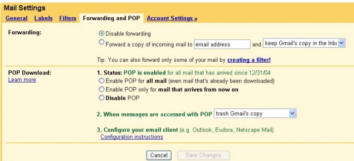 Gmail POP ayarları