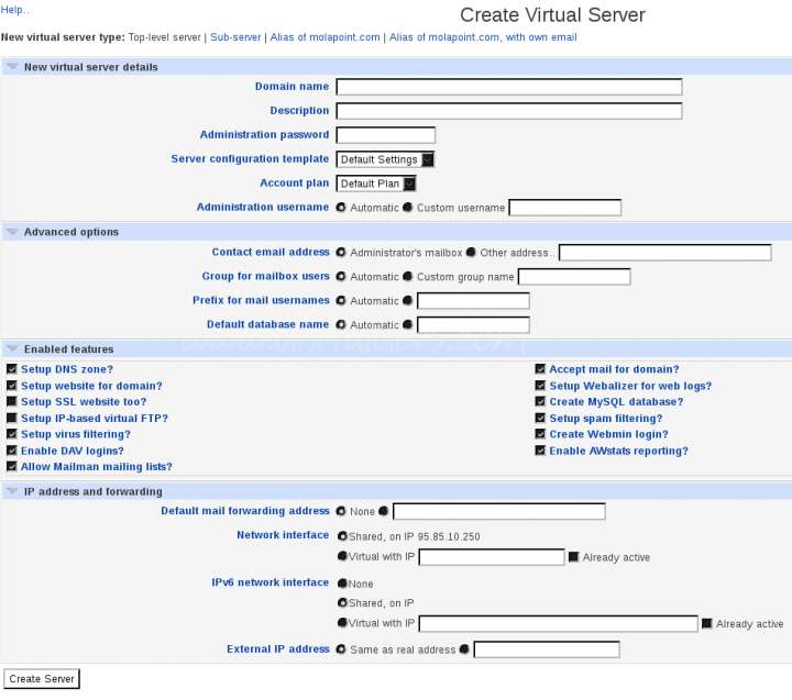 Virtualmin'e Yeni Web Sitesi Host Etmek