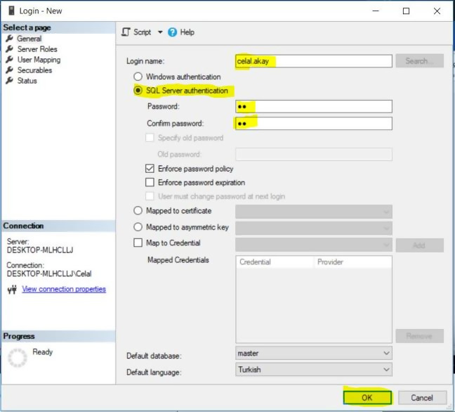 Sql Server Login User Oluşturma Ve Yetkilendirme